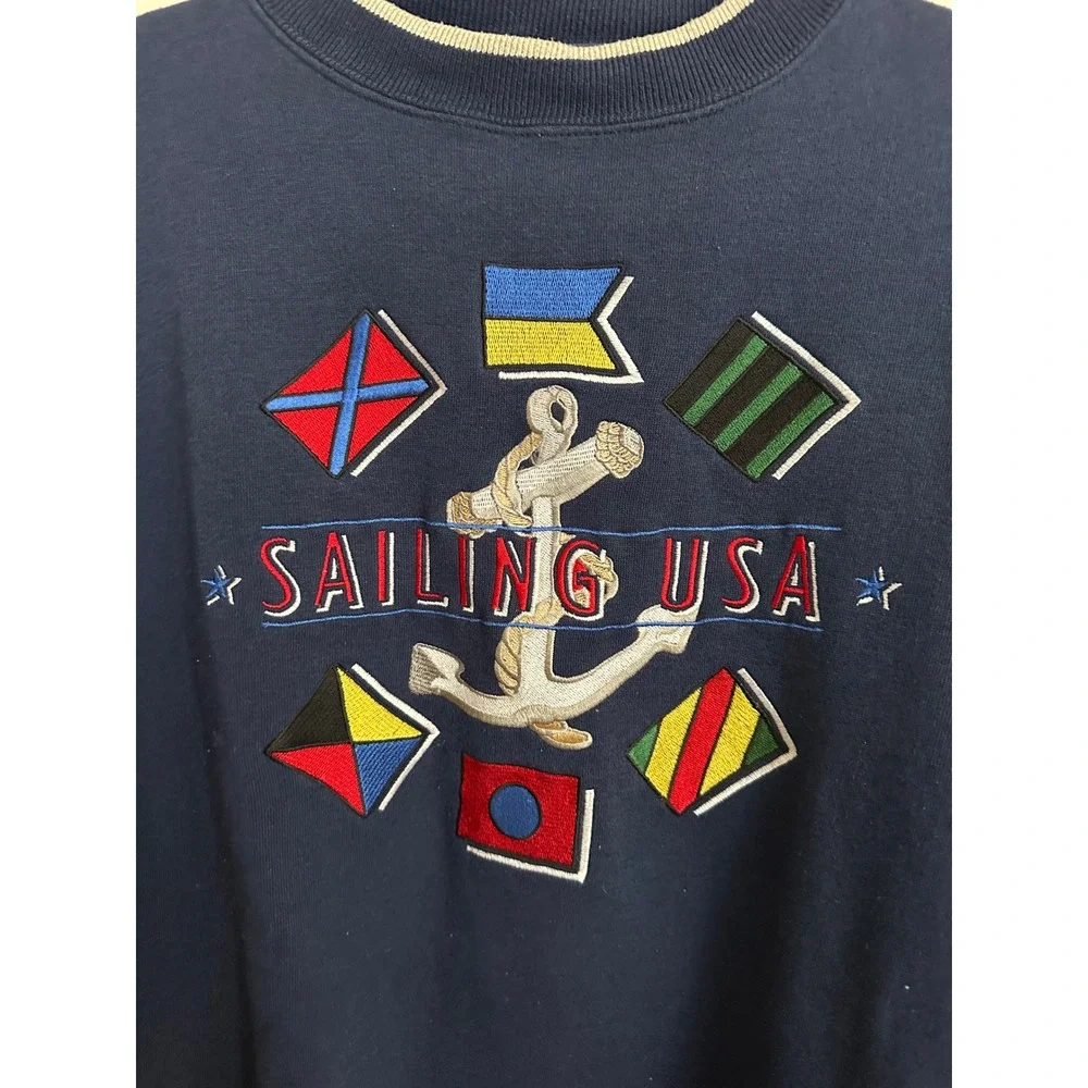 Vintage Red Cliff Trading Co. Sailing USA Sweatshirt Blue Embroidered Nautical L